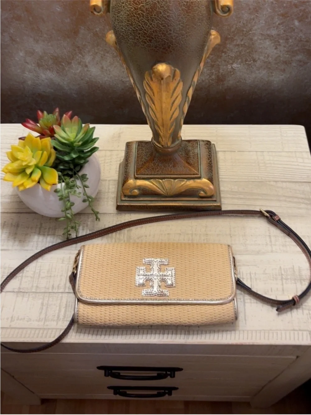 Cute Tory Burch Beige Woven Crossbody with Dark Brown Strap